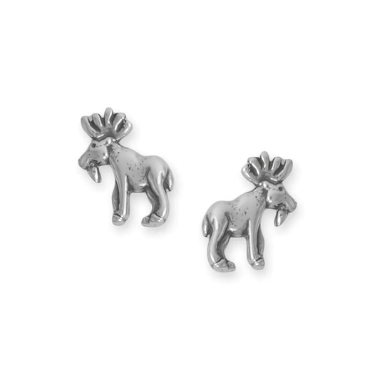 Sterling Silver Oxidized Moose Stud Earrings, 9.4mm x 8.2mm, Stainless Steel Posts, Made in USA