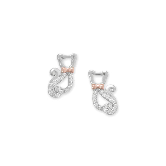 Sterling Silver Two Tone CZ Bow Tie Cat Stud Earrings, Rhodium and Rose Gold Plated, 12mm x 6.7mm