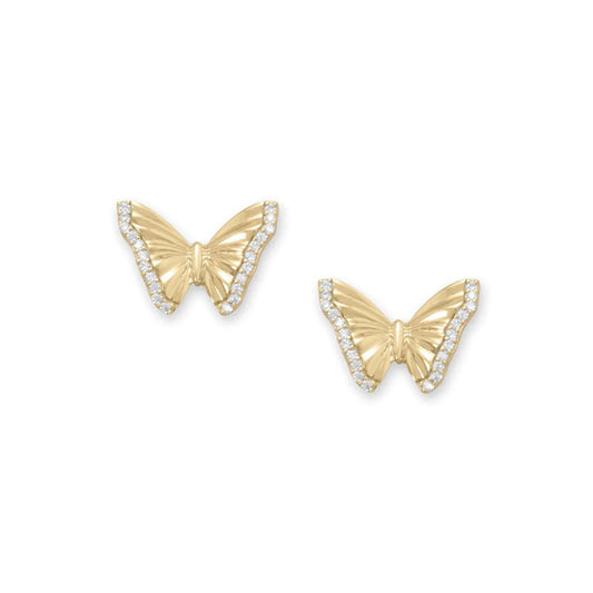 14K Gold Plated Butterfly Stud Earrings with CZ Stones