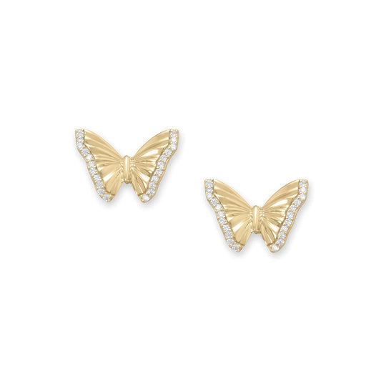 Sterling Silver Butterfly CZ Stud Earrings, 14K Gold Plated, 15mm x 10.7mm, Clear 1mm CZ