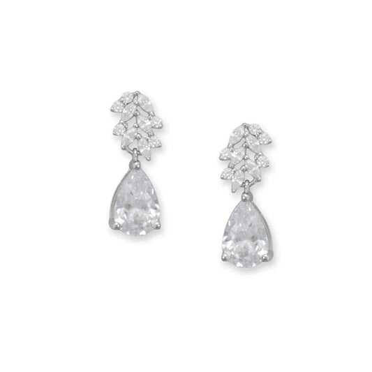 CZ Cluster Pear Drop Earrings with Rhodium Plating
