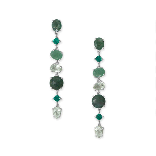 Long Rhodium Green Multi Stone Earrings