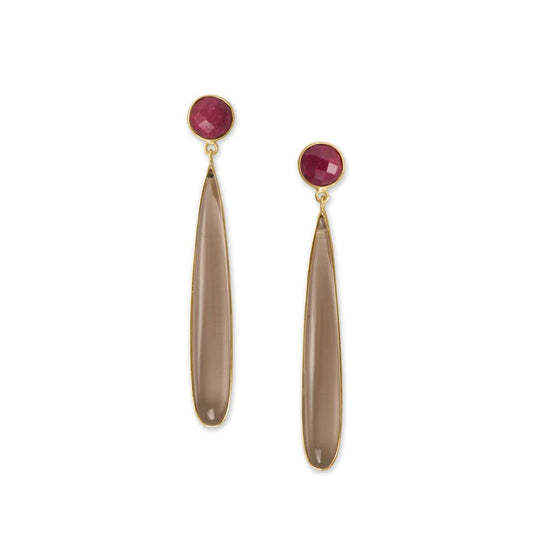 14K Gold Plated Earrings with Red Corundum and Smoky Quartz