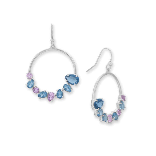 Rhodium Plated Earrings with Blue Glass and Amethyst