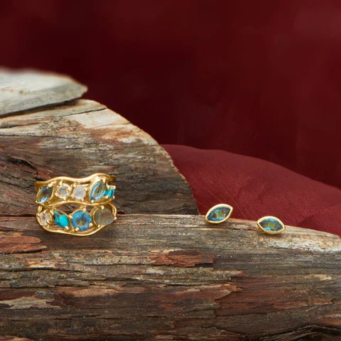 14 Karat Gold Plated Blue Multi Stone Cluster Ring