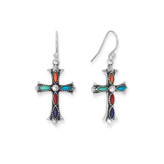 Oxidized Cross Earrings with Multicolor Stones
