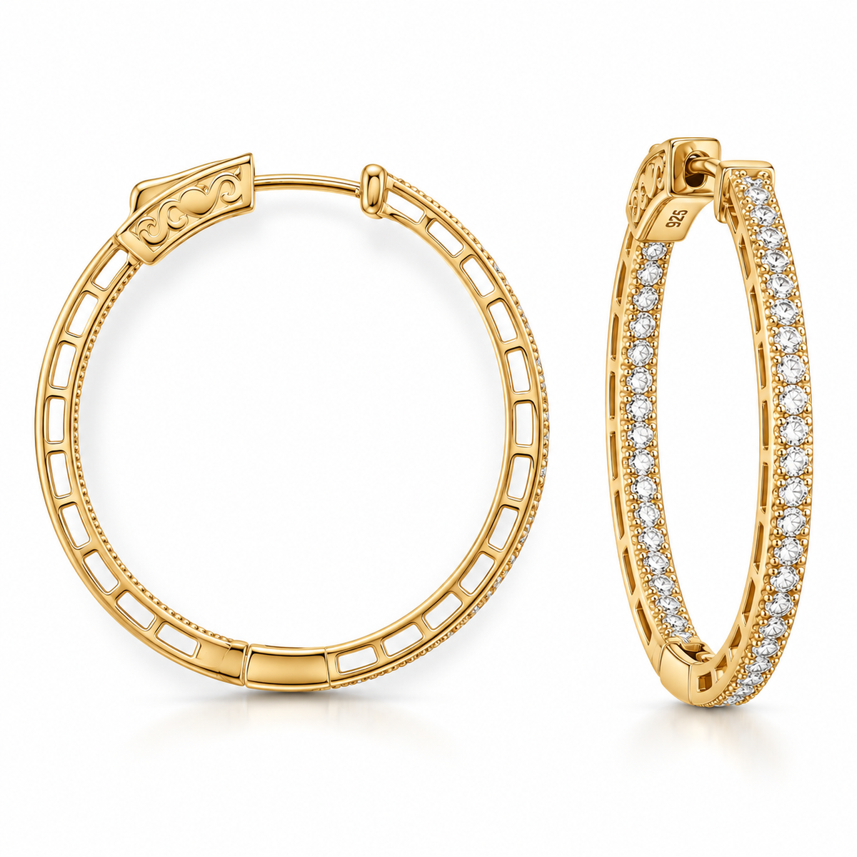 CZ Inside-Outside Round Hoop Earrings 14K Gold Plated 925 Sterling Silver 30mm