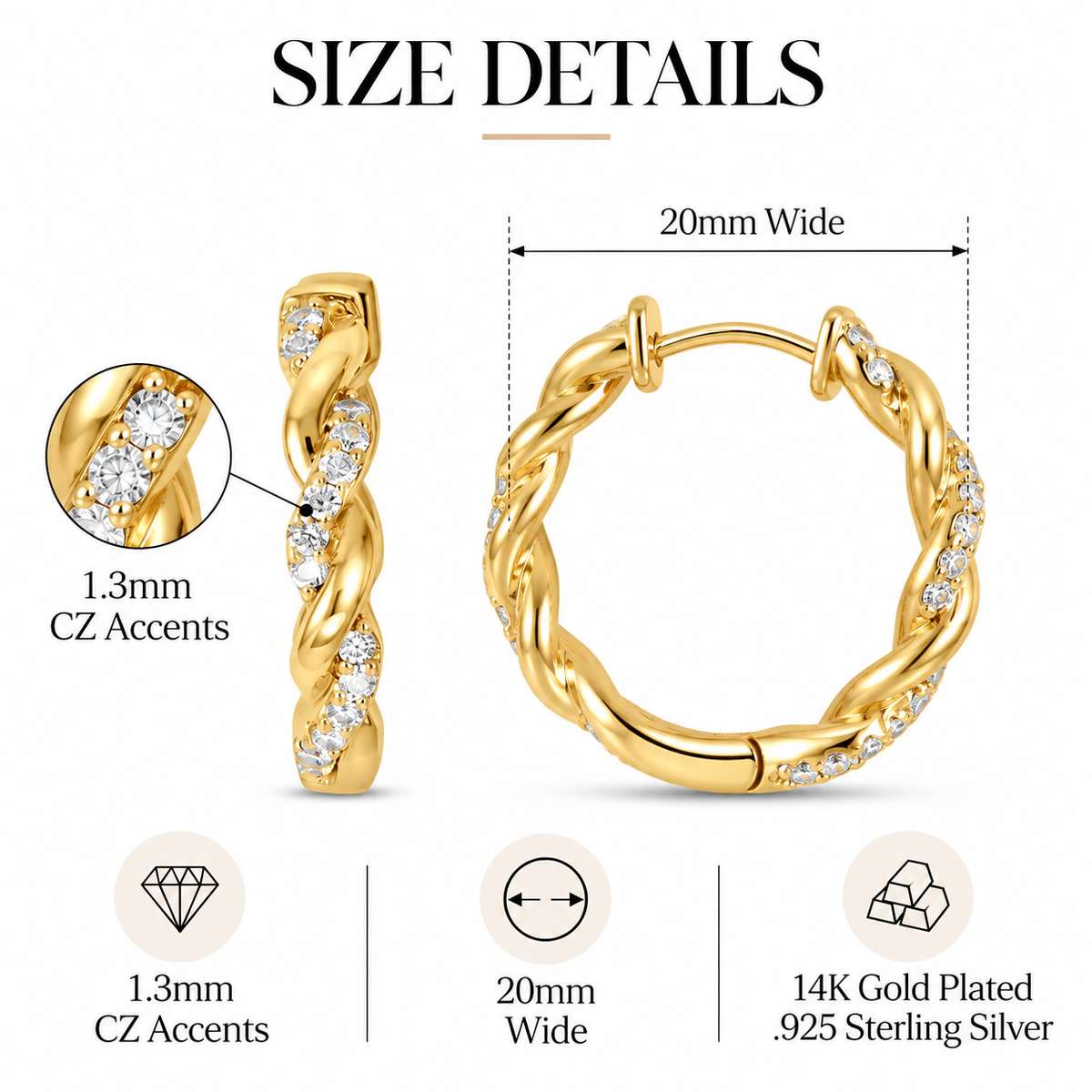 CZ Full Twist Hoop Earrings 14K Gold Plated 925 Sterling Silver 20mm