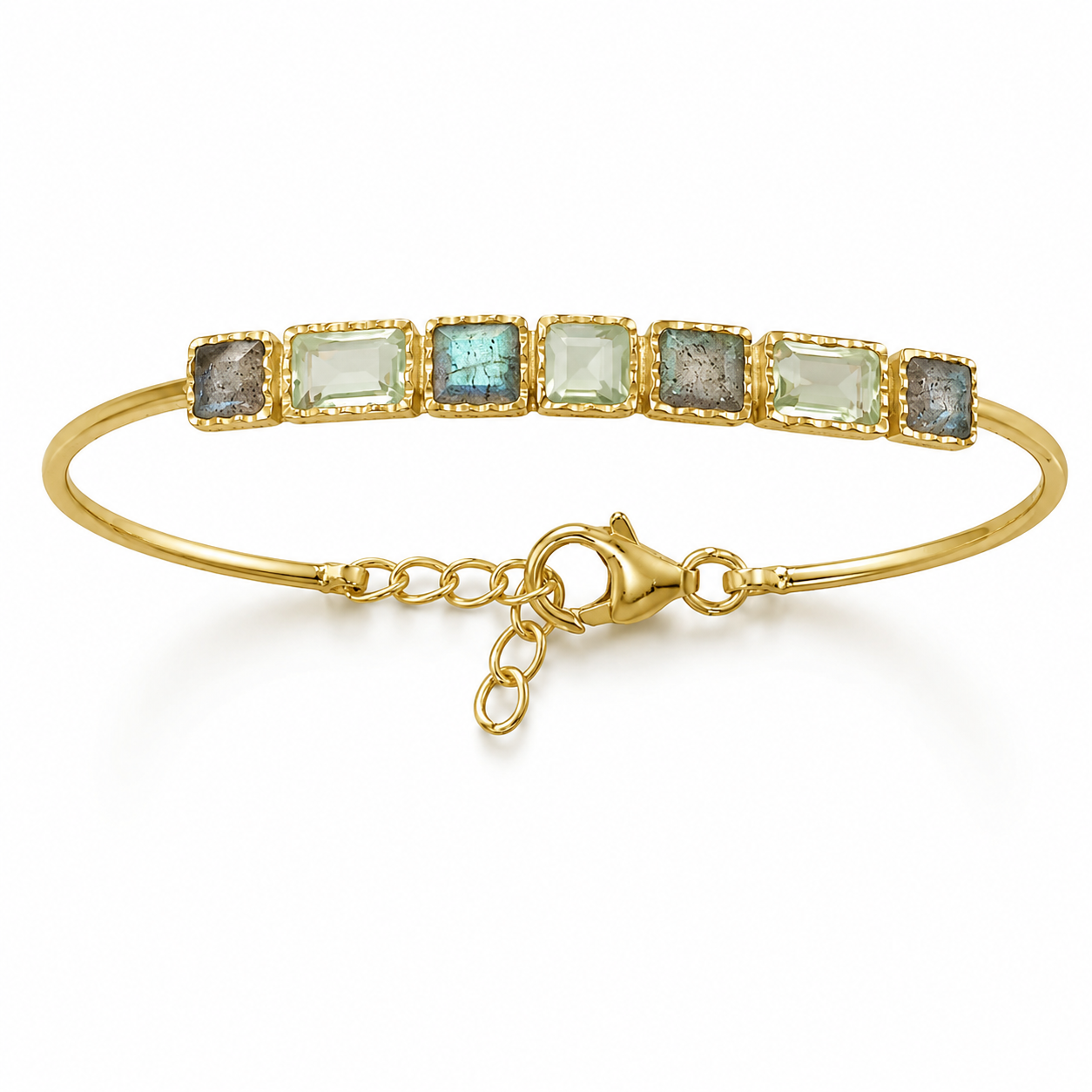 Labradorite Prasiolite Bracelet 14K Gold Plated 925 Silver Safety Chain 7in