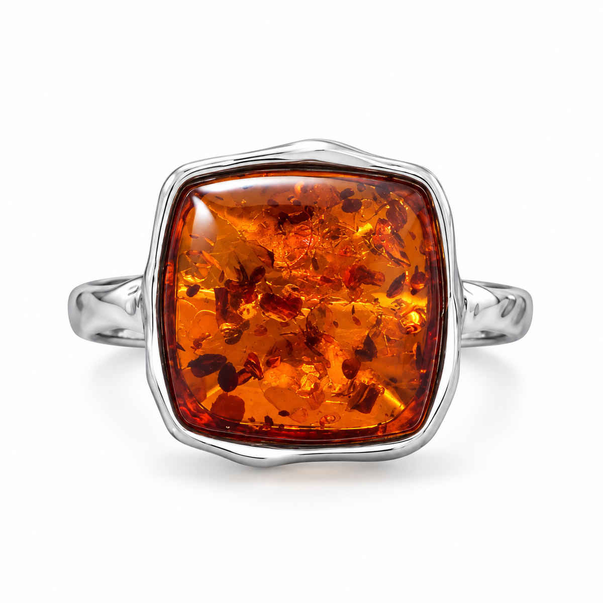 Hammered Square Baltic Amber Ring 925 Sterling Silver 13mm Poland 2.8mm Sizes 6-10