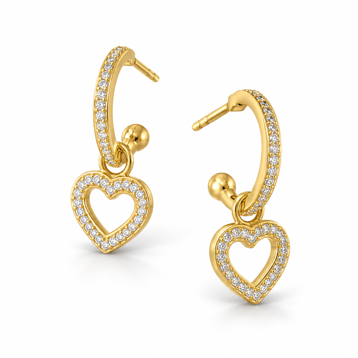 CZ Heart Charm Hoop Earrings 14K Gold Plated 925 Sterling Silver 26.5mm 2-in-1