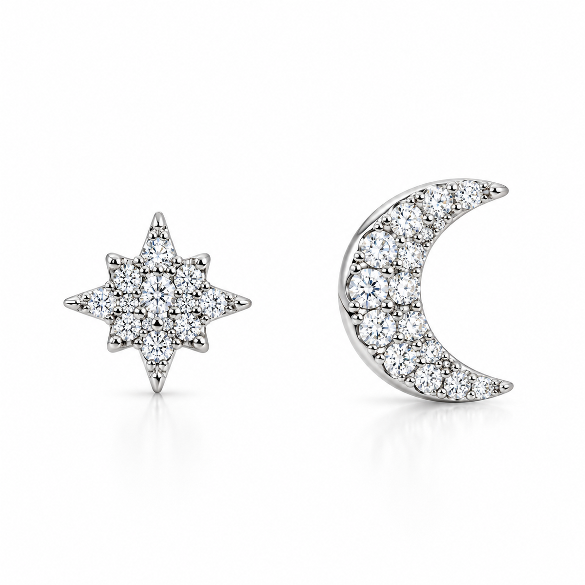 CZ Moon & Star Mismatched Stud Earrings Rhodium Plated 925 Sterling Silver