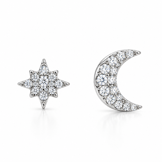 CZ Moon & Star Mismatched Stud Earrings Rhodium Plated 925 Sterling Silver