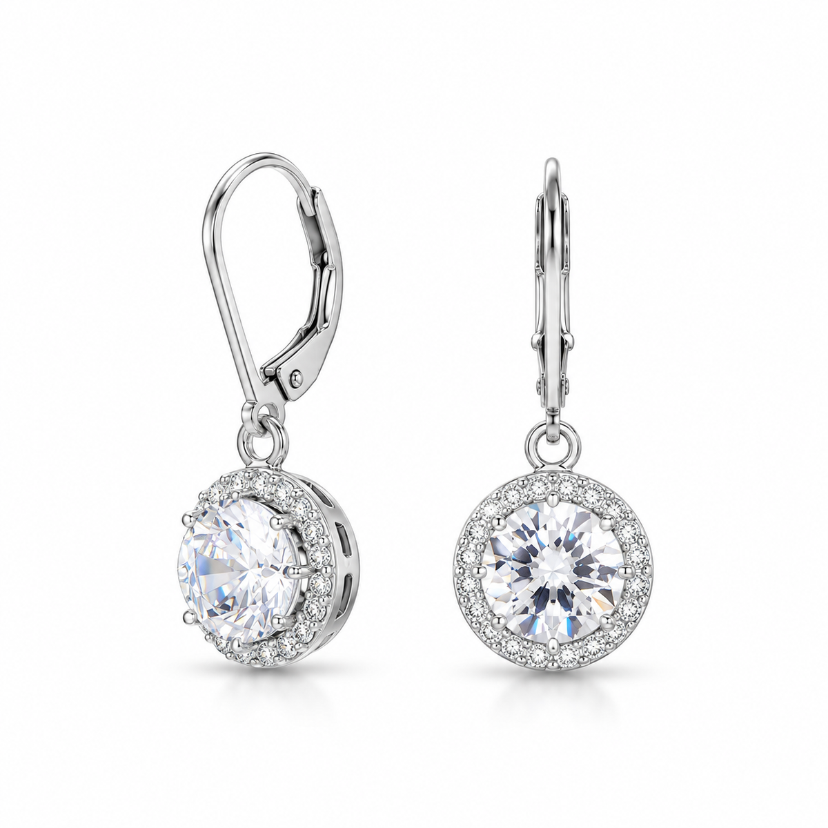 CZ Halo Drop Earrings Rhodium Plated 925 Sterling Silver 10mm Center 33mm