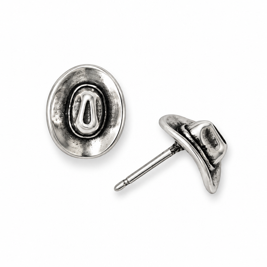 Oxidized Cowgirl Hat Stud Earrings 925 Sterling Silver 7.5mm Stainless Steel
