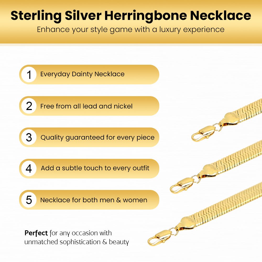 14K Gold Plated 925 Sterling Silver Herringbone Necklace, Gold Dipped Herringbone Chain Necklace for Women and Men, Flexible Flat Snake Chain Necklace with Lobster Claw Closure (3mm 20")