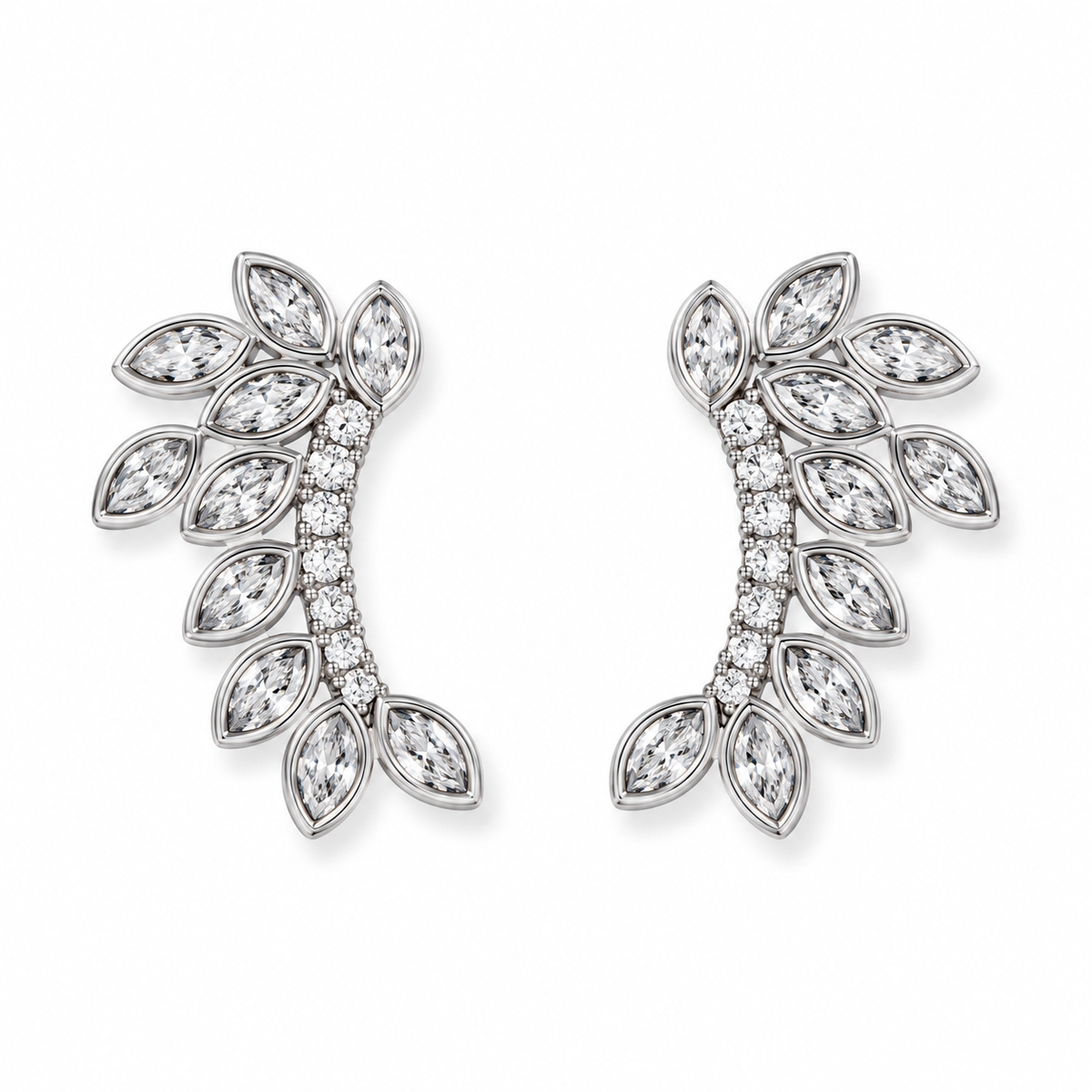 CZ Leaf Branch Stud Earrings Rhodium Plated 925 Sterling Silver 22.4x12.5mm
