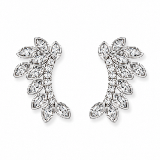 CZ Leaf Branch Stud Earrings Rhodium Plated 925 Sterling Silver 22.4x12.5mm