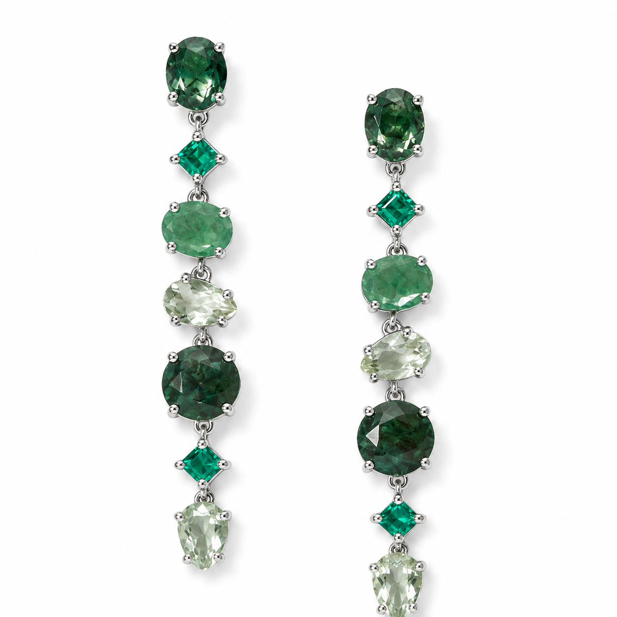 Green Multistone Long Drop Earrings Rhodium Plated 925 Sterling Silver 74.7mm