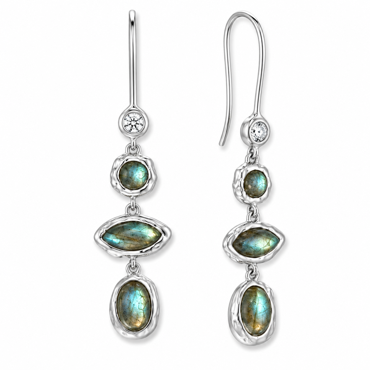 Labradorite CZ Hammered Drop Earrings Rhodium Plated 925 Sterling Silver 50mm