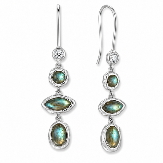 Labradorite CZ Hammered Drop Earrings Rhodium Plated 925 Sterling Silver 50mm