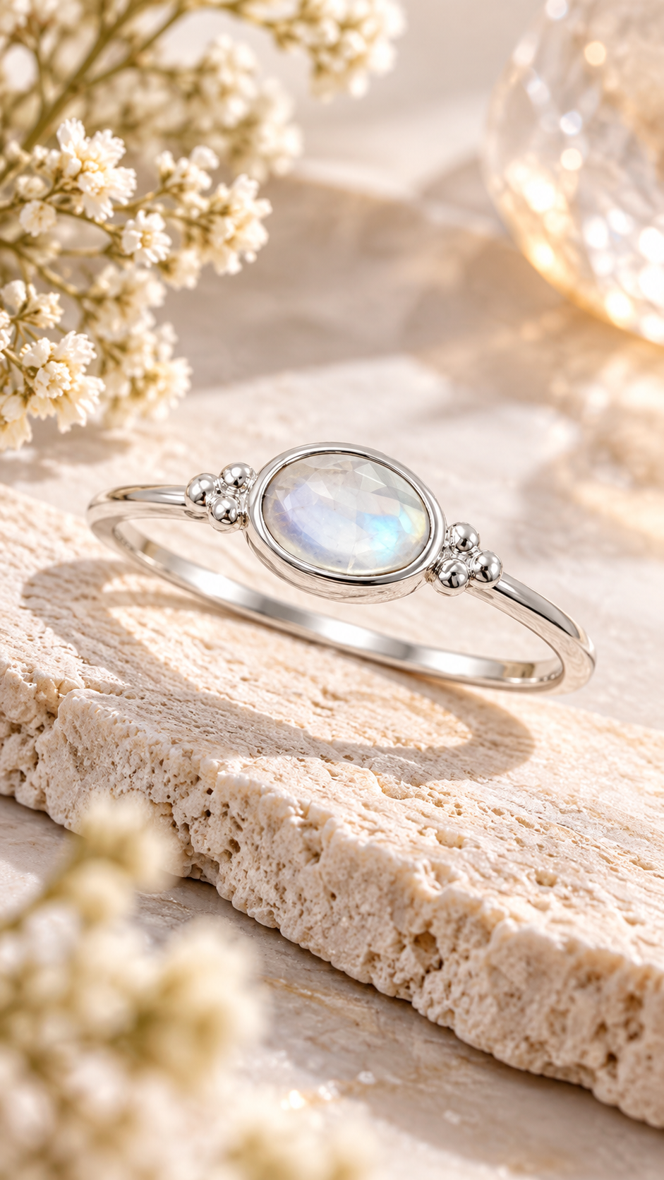Dainty Oval Rainbow Moonstone Ring 925 Sterling Silver 6x4mm Sizes 4-9