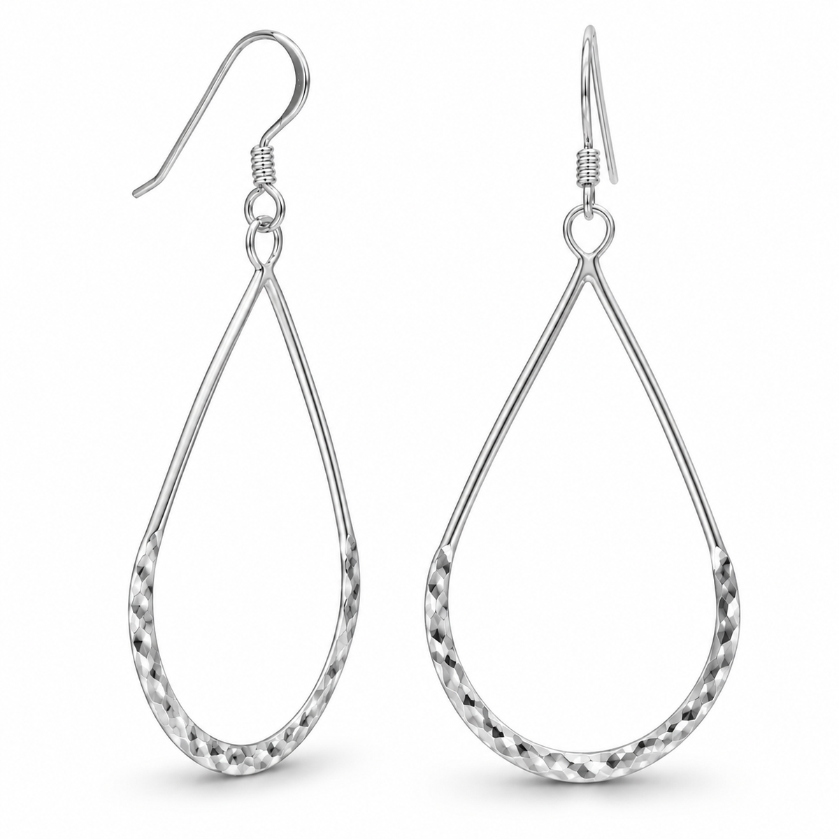Hammered Open Pear Shape Drop Earrings 925 Sterling Silver 63mm French Wire