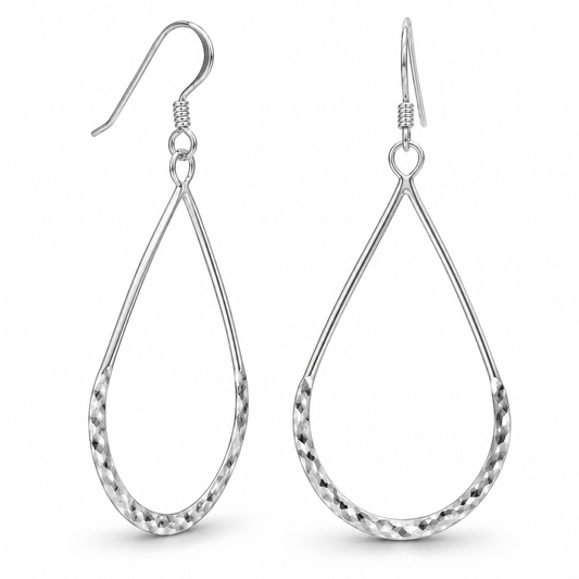 Hammered Open Pear Shape Drop Earrings 925 Sterling Silver 63mm French Wire