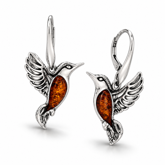 Baltic Amber Hummingbird Earrings Oxidized 925 Sterling Silver Lever Back 35.5mm
