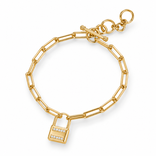 CZ Lock Charm Paperclip Chain Bracelet 14K Gold Plated 925 Silver Adj 6.5-7.5