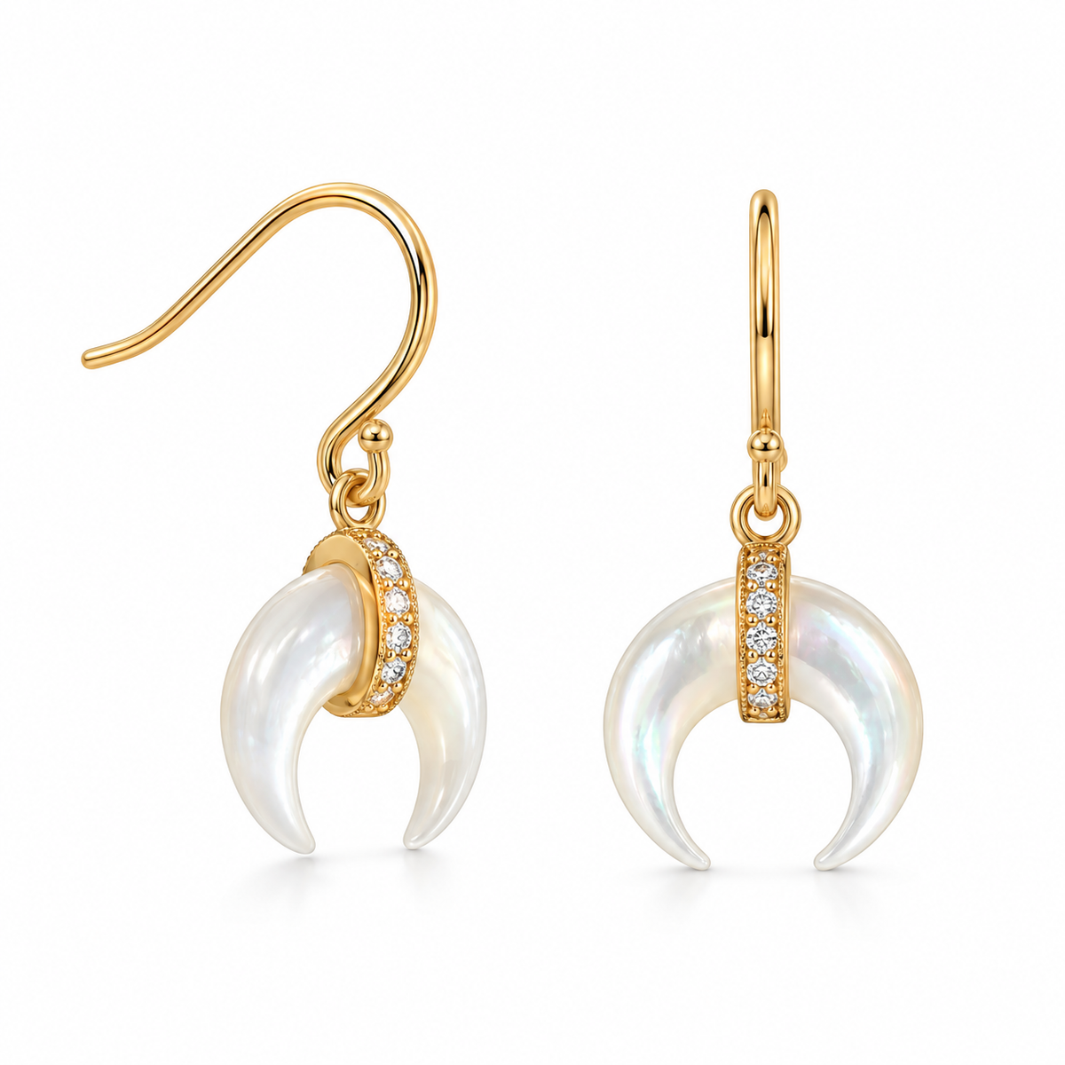 Mother of Pearl CZ Crescent Dangle Earrings 14K Gold Plated 925 Sterling Silver