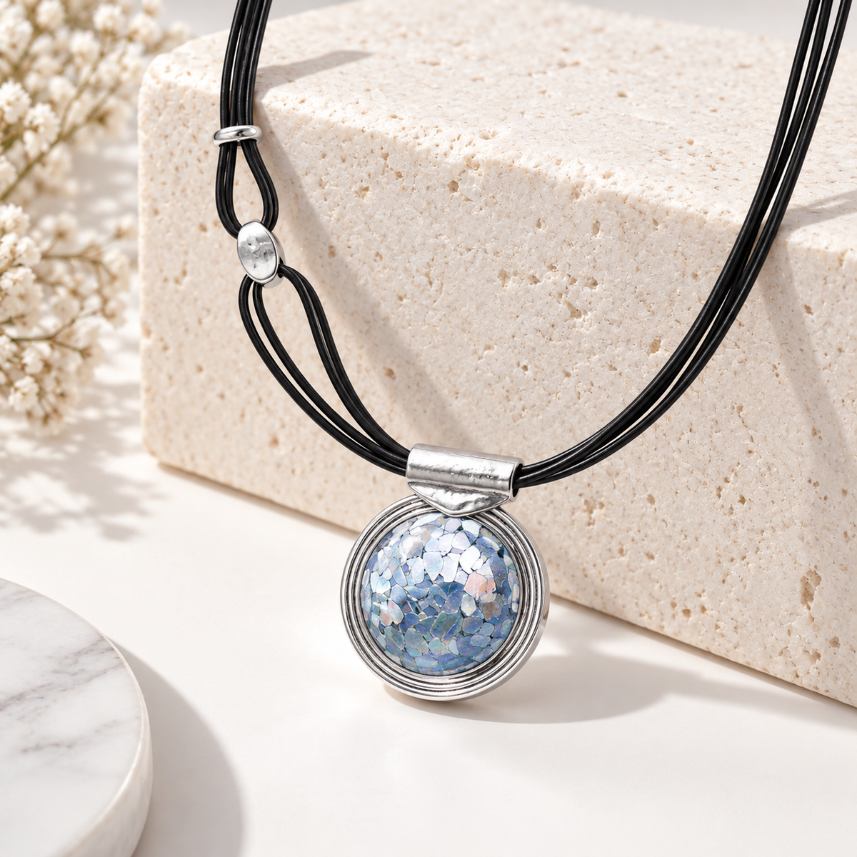 Roman Glass Pendant Necklace 4-Strand Leather 925 Silver 40x47mm w/Certificate
