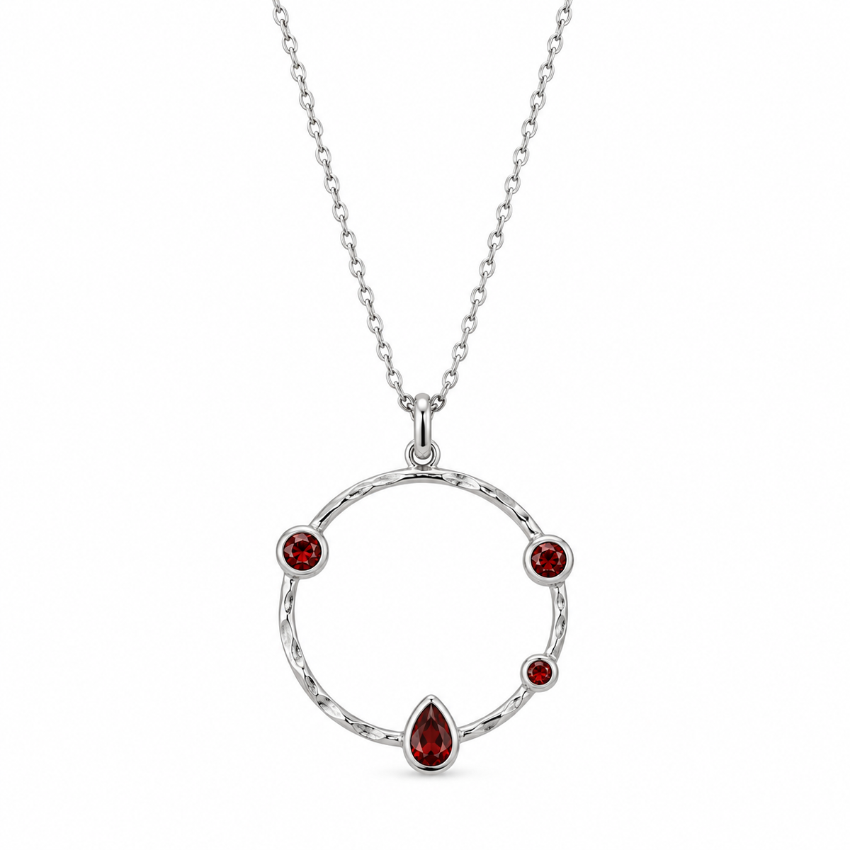 Garnet Hammered Circle Necklace Rhodium 925 Silver 25mm 16+2in Lobster Clasp
