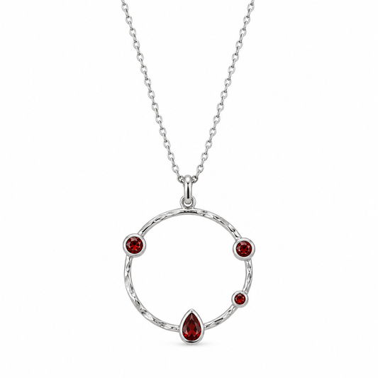 Garnet Hammered Circle Necklace Rhodium 925 Silver 25mm 16+2in Lobster Clasp