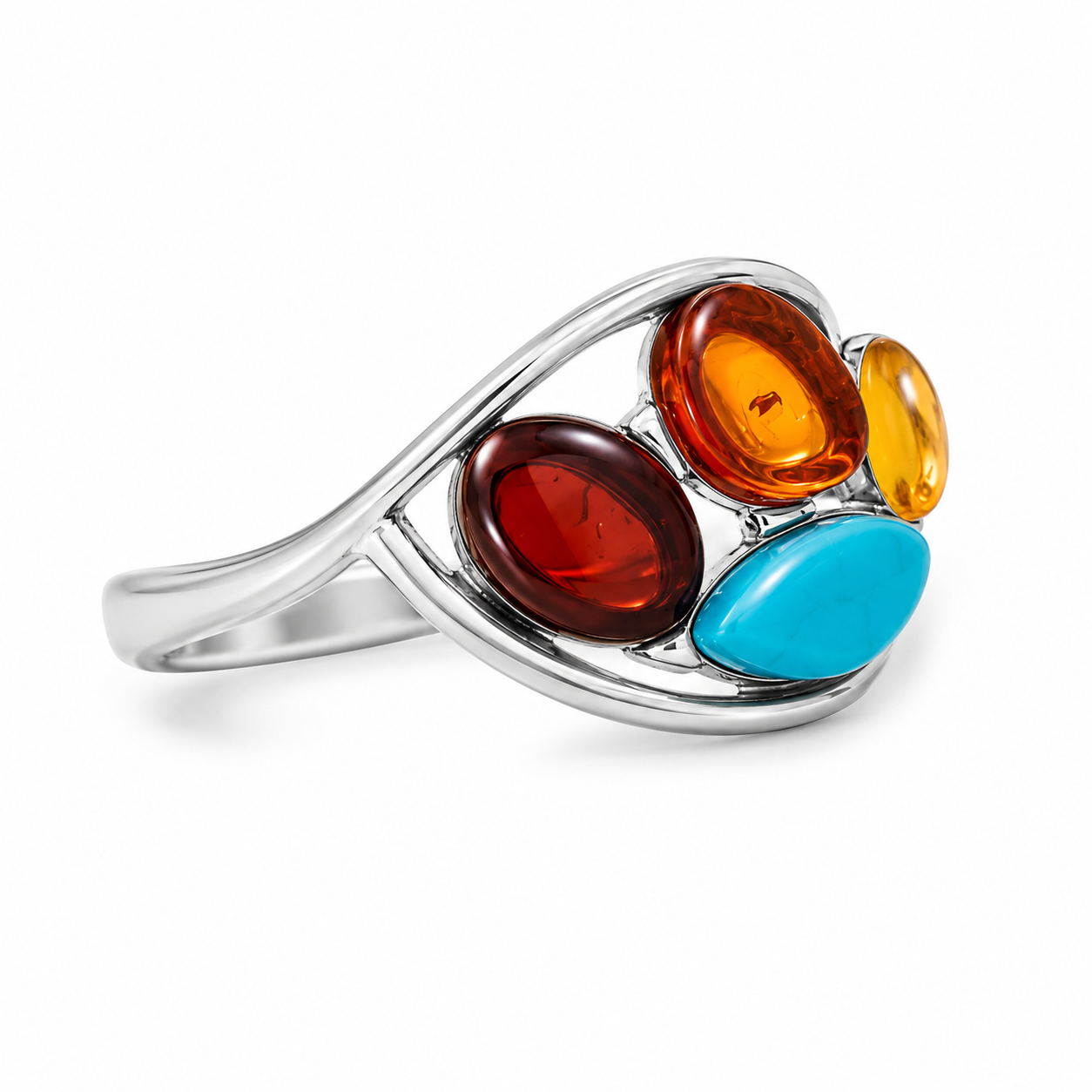 Baltic Amber Turquoise Cutout Ring 925 Sterling Silver Multicolor Sizes 6-9