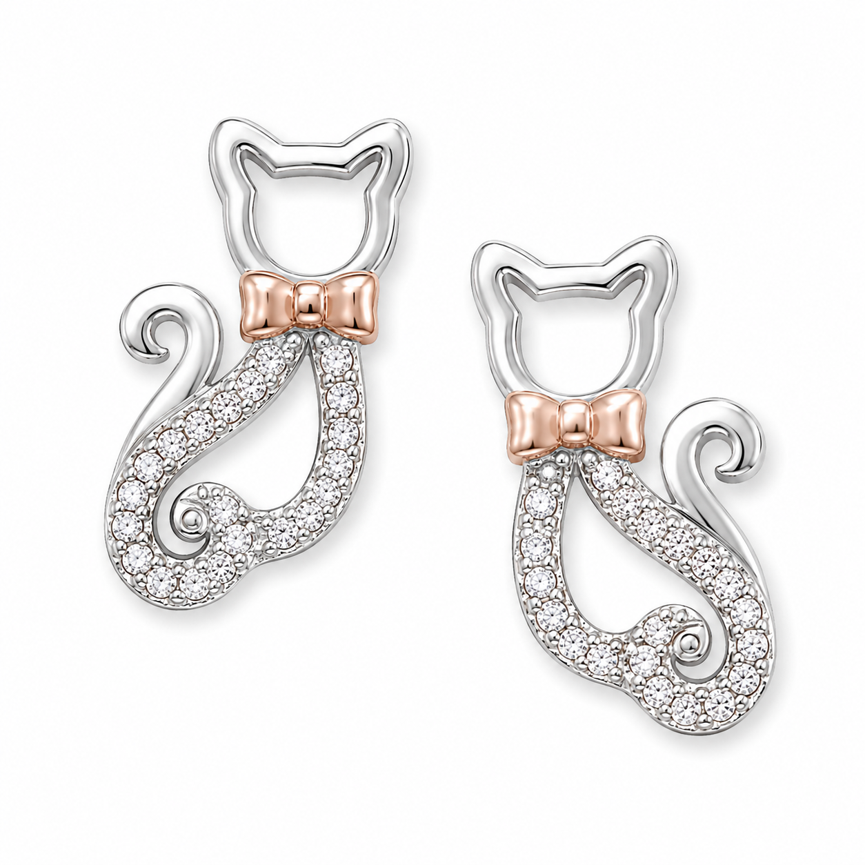 CZ Cat Stud Earrings Two-Tone Rhodium Rose Gold 925 Sterling Silver 12x6.7mm