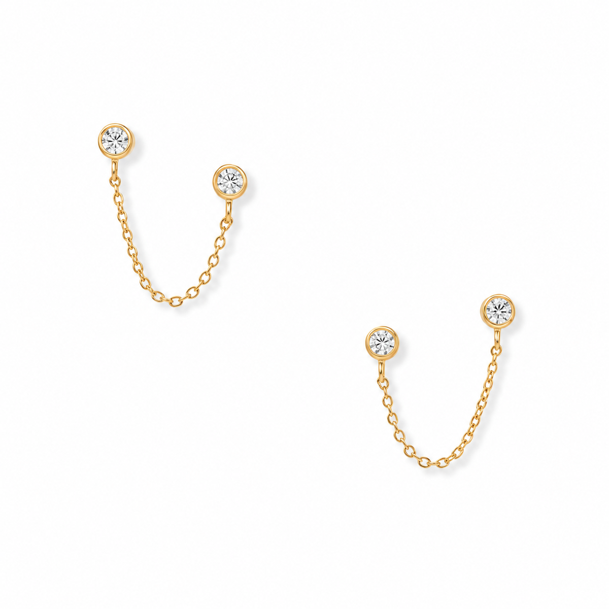 CZ Double Post Chain Stud Earrings 14K Gold Plated 925 Sterling Silver 25.4mm