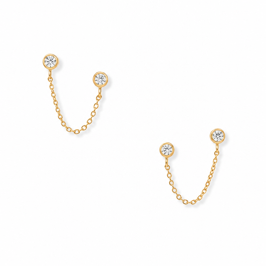 CZ Double Post Chain Stud Earrings 14K Gold Plated 925 Sterling Silver 25.4mm