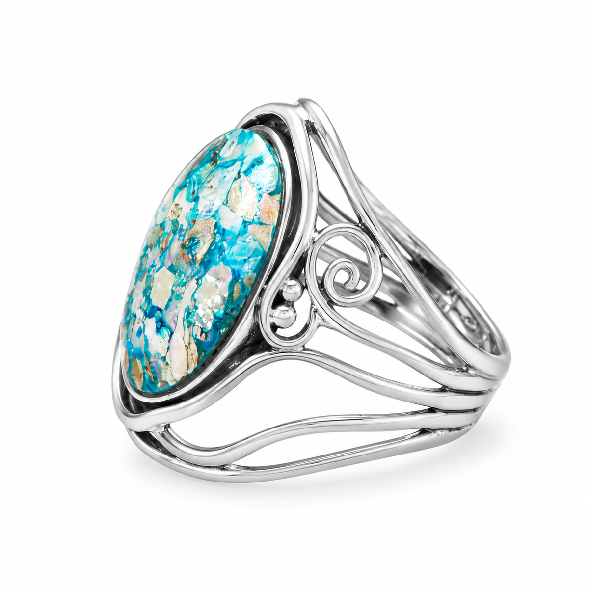 Roman Glass Cutout Swirl Ring Oxidized 925 Silver 17.5x13.5mm Sizes 7-10 w/ CoA