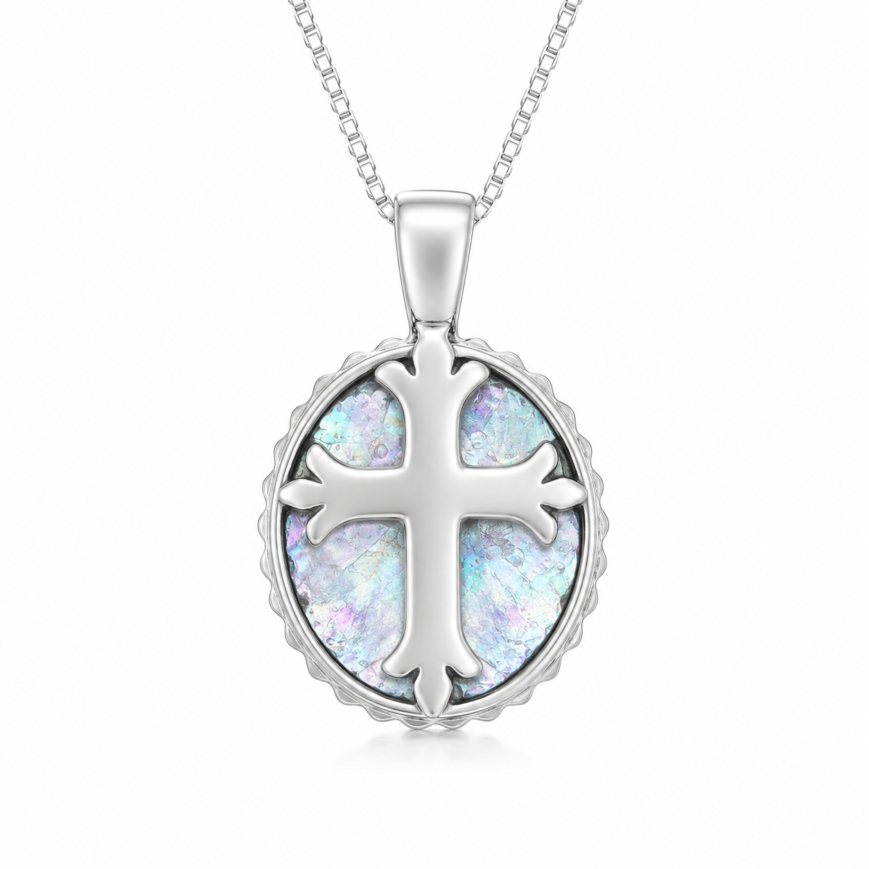 Roman Glass Cross Necklace 925 Sterling Silver 14x16mm 18 Inch w/ Certificate