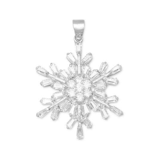 Rhodium Plated Snowflake Pendant With Cz