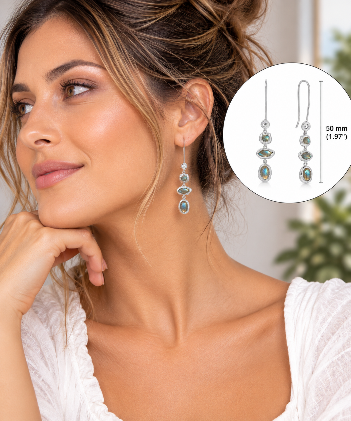 Labradorite CZ Hammered Drop Earrings Rhodium Plated 925 Sterling Silver 50mm