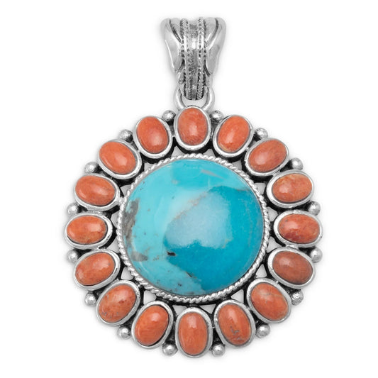 Sunburst Pendant Made of Reconstituted Turquoise and Coral