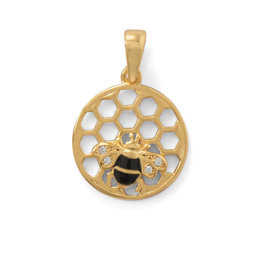 14K Gold Plated Bee Pendant in Honeycomb Design