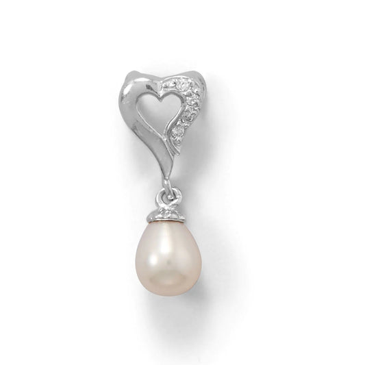 Heart Slide with CZ and Cultured Freshwater Pearl, Rhodium Plated