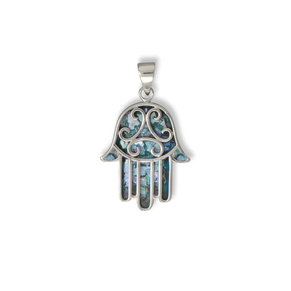 Hamsa Pendant with Oxidized Roman Glass