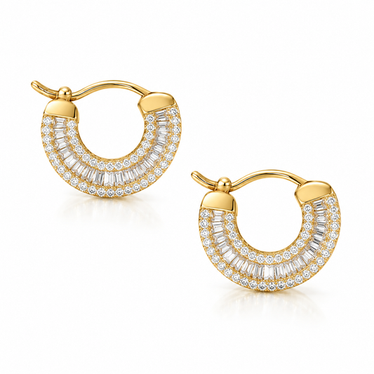 Baguette CZ Huggie Hoop Earrings 14K Gold Plated 925 Sterling Silver 236 CZs