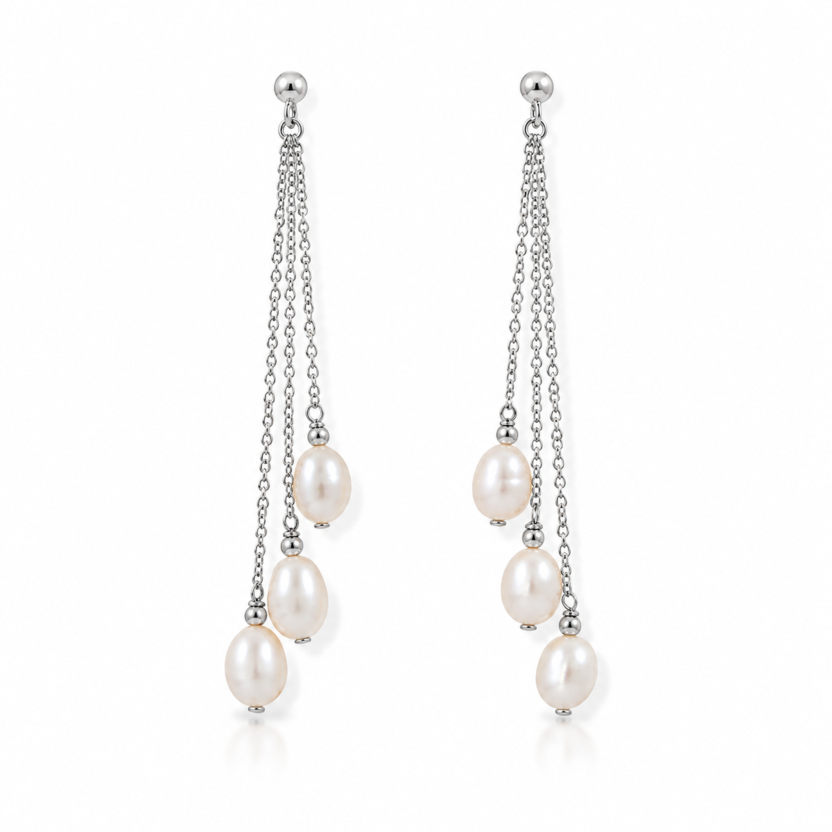Triple Chain Freshwater Pearl Drop Earrings Rhodium Plated 925 Sterling Silver 61mm