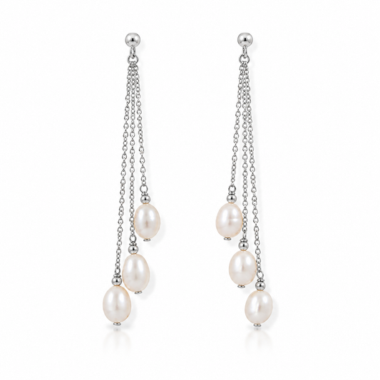 Triple Chain Freshwater Pearl Drop Earrings Rhodium Plated 925 Sterling Silver 61mm