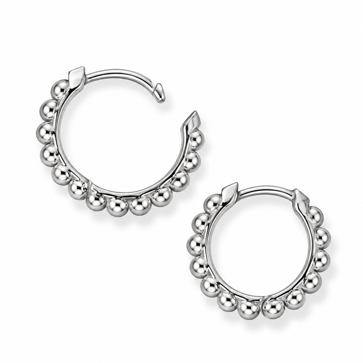 Beaded Hinged Hoop Earrings Rhodium Plated 925 Sterling Silver 14.5mm